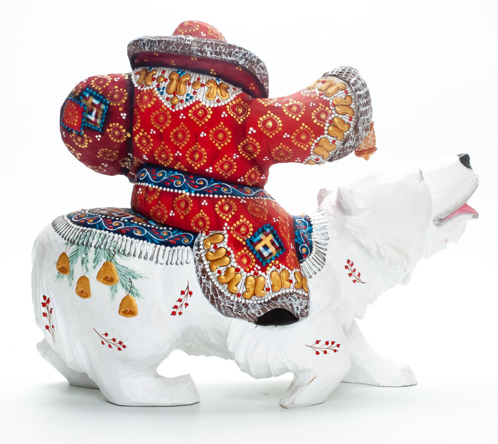 250 mm Santa Claus with a Bell Riding the Bear handpainted Wooden Carved Statue (by Natalia Nikitina Workshop)