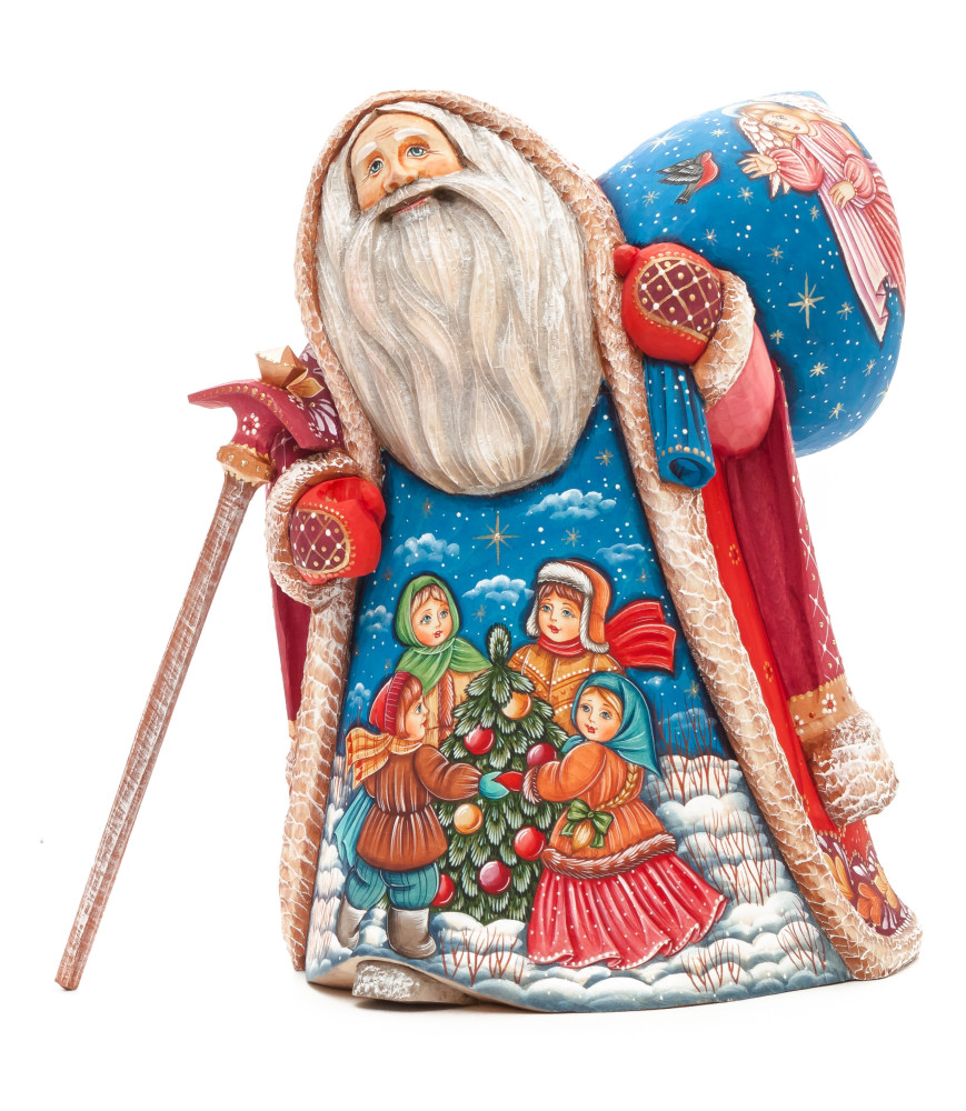220 mm Santa with a Magic Staff and a Bag with hand painted Kids playing at the Green Christmas Tree Carved Wood Collectible Figurine (by Sergey Christmas Workshop)
