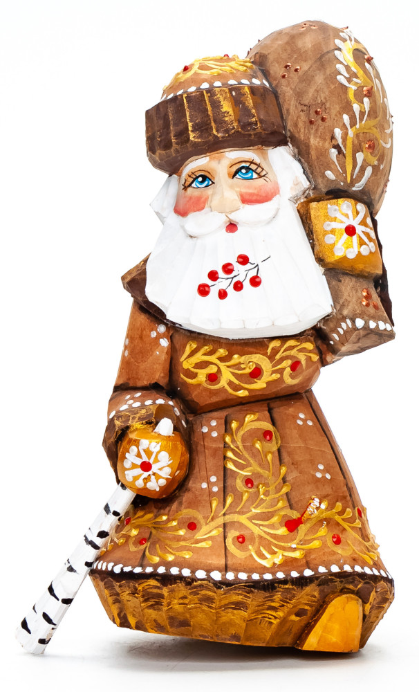 130 mm Santa with a Bag Carved Wood Hand Painted Collectible Figurine  (by Natalia Nikitina Workshop)