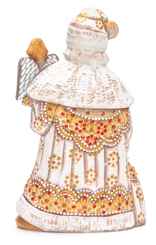 180 mm Santa with a Bag and an Angel Carved Wood Hand Painted Collectible Figurine (by Natalia Nikitina Workshop)
