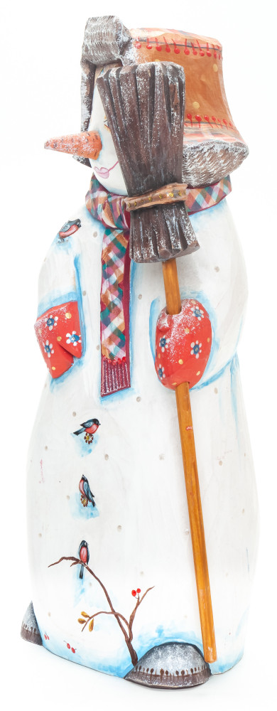 230 mm Snowman with a Broom hand painted wooden figurine (by Natalia Nikitina Workshop)
