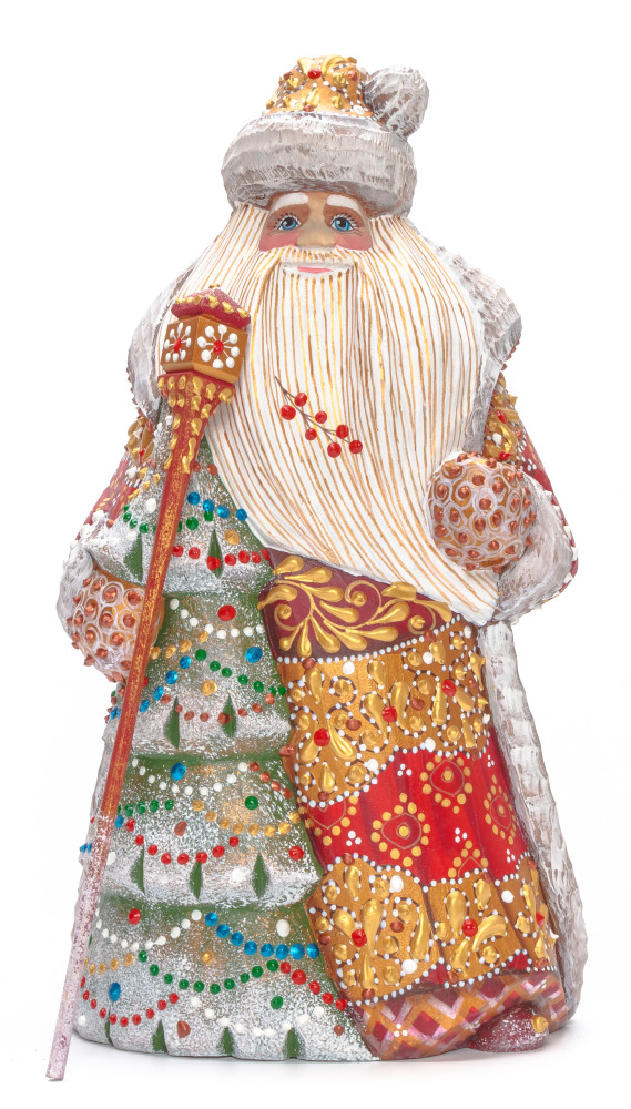 240 mm Santa with a Magic Staff and a Green Christmas Tree Carved Wood Hand Painted Collectible Figurine (by Natalia Nikitina Workshop)