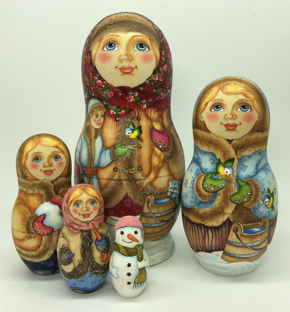 180 mm Snowmaiden and Russian Winter Holidays hand painted wooden Matryoshka doll 5 pcs (by Alexander Famous Paintings)