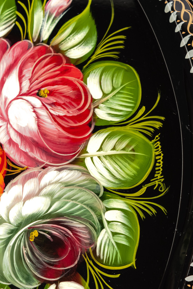 230x330 mm Zhostovo Patterns hand painted and lacquered by Anisimova Metal Forged Tray (by Lada Crafts)