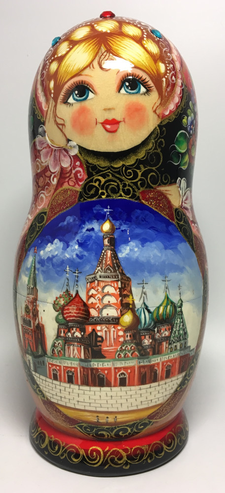 230 mm Moscow Kremlin and Snt Basil Cathedral hand painted Matryoshka 5 pcs with Zhostovo ornaments on Scarves and Rhinestones (by Olga Zaitseva)