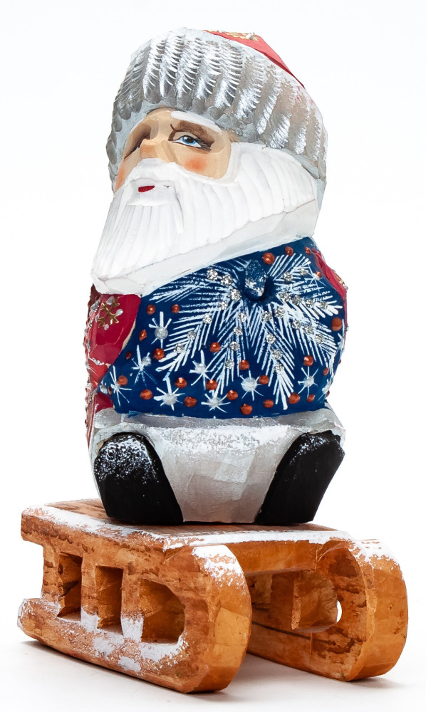 130 mm Santa with a Bag Riding the Sleighs Carved Wood Hand Painted Collectible Figurine  (by Igor Carved Wooden Figures Studio)
