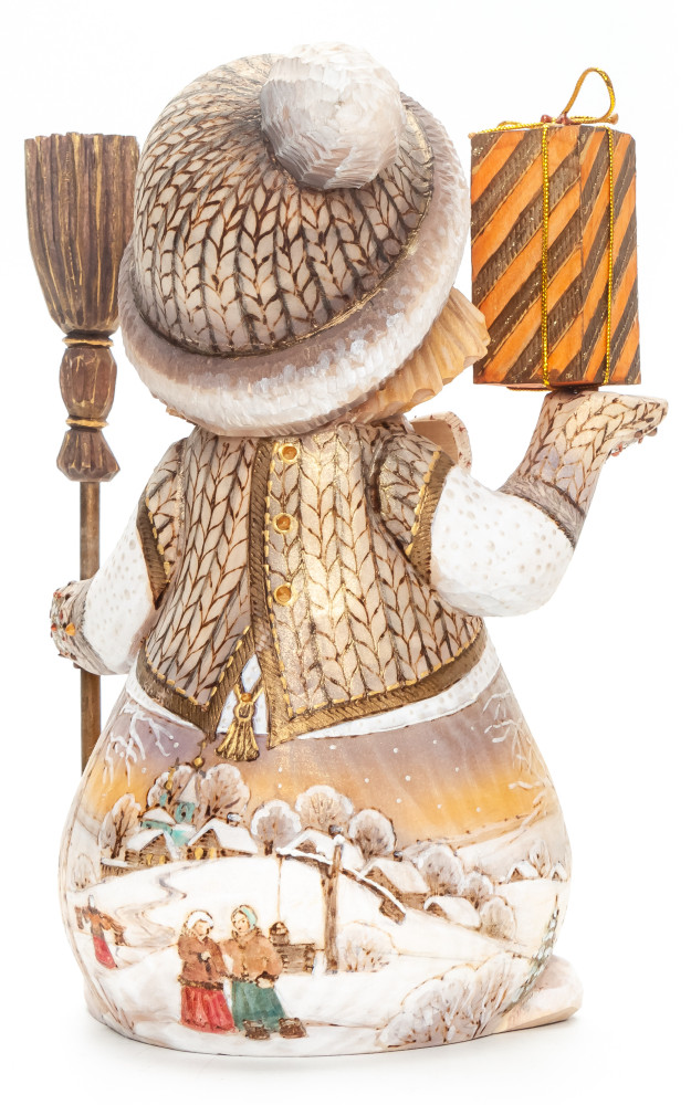 180 mm Snowman with a Broom and a Gift hand painted wooden figurine (by Natalia Nikitina Workshop)