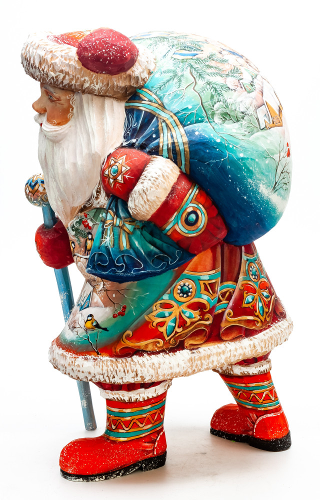 300 mm Santa with a Magic Staff and a Bag with handpainted Bullfinches Wooden Carved Statue (by Igor Carved Wooden Figures Studio)