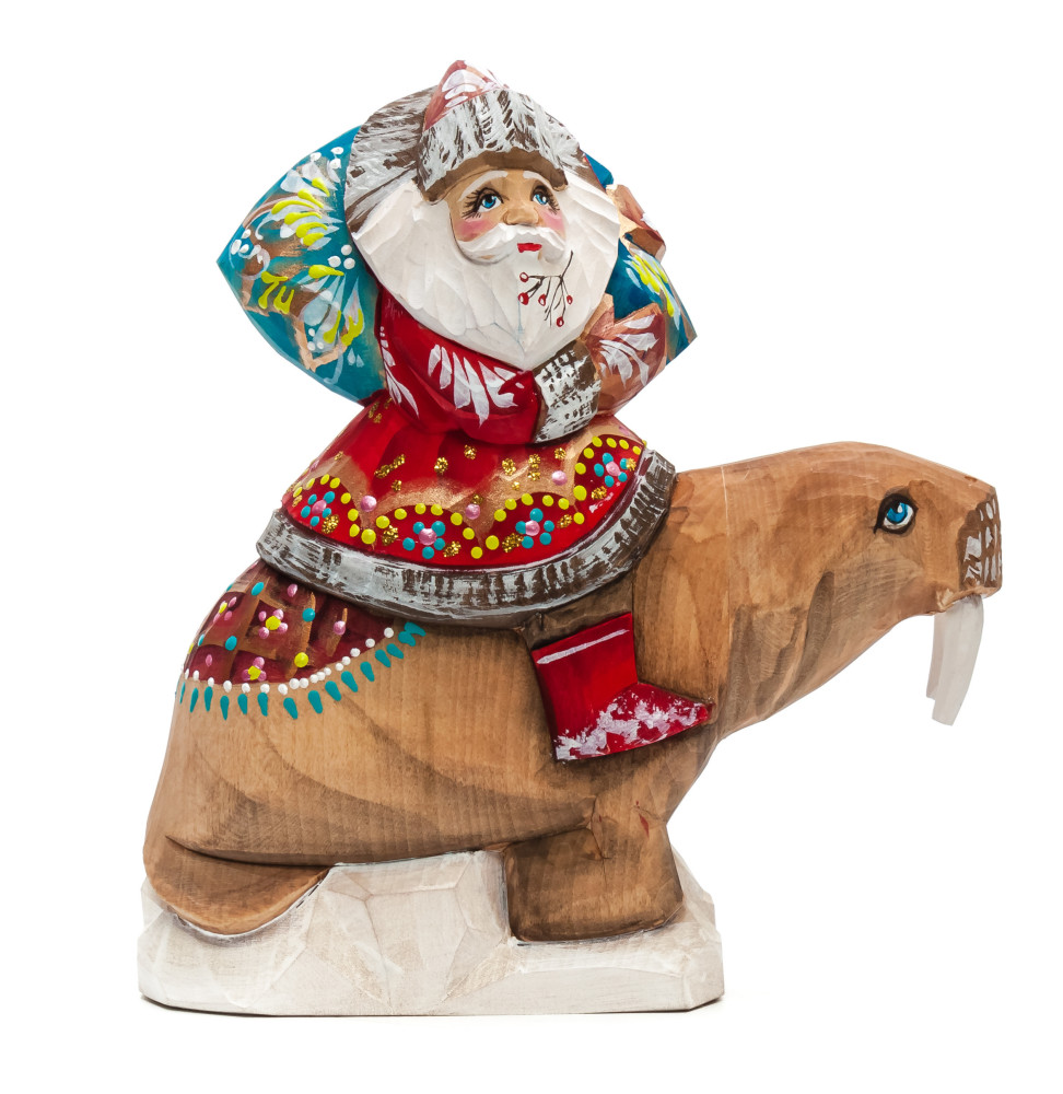 180 mm Santa with a Bag riding a Walrus Carved Wood Hand Painted Collectible Figurine (by Igor Carved Wooden Figures Studio)