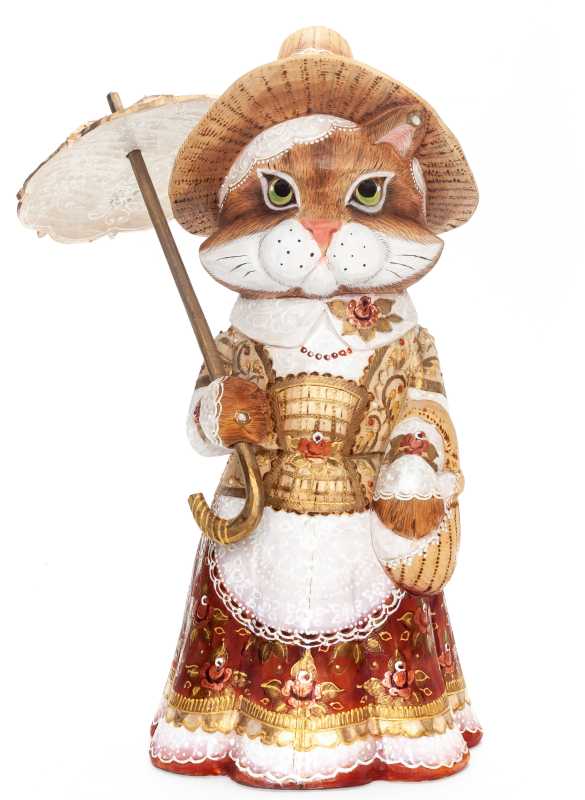 260 mm Cat in a Hat with an Umbrella hand painted Wooden Statue (by Natalia Nikitina Workshop)