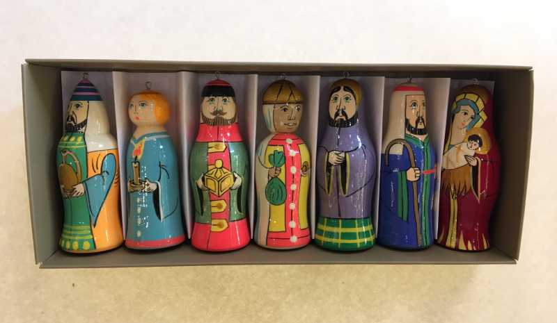 Adoration of the Magi hand carved and painted Wooden Figures Christmas Tree Ornaments set of 7 pcs