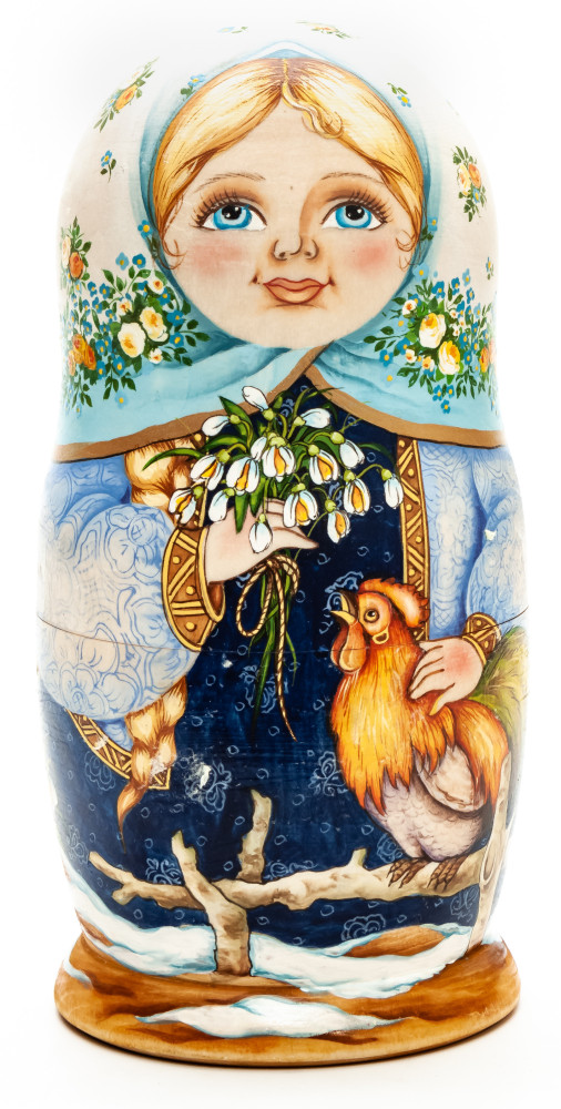 180 mm Girl with Cockerel and Flowers hand painted Matryoshka 5 pcs (by Galina Ulianova)