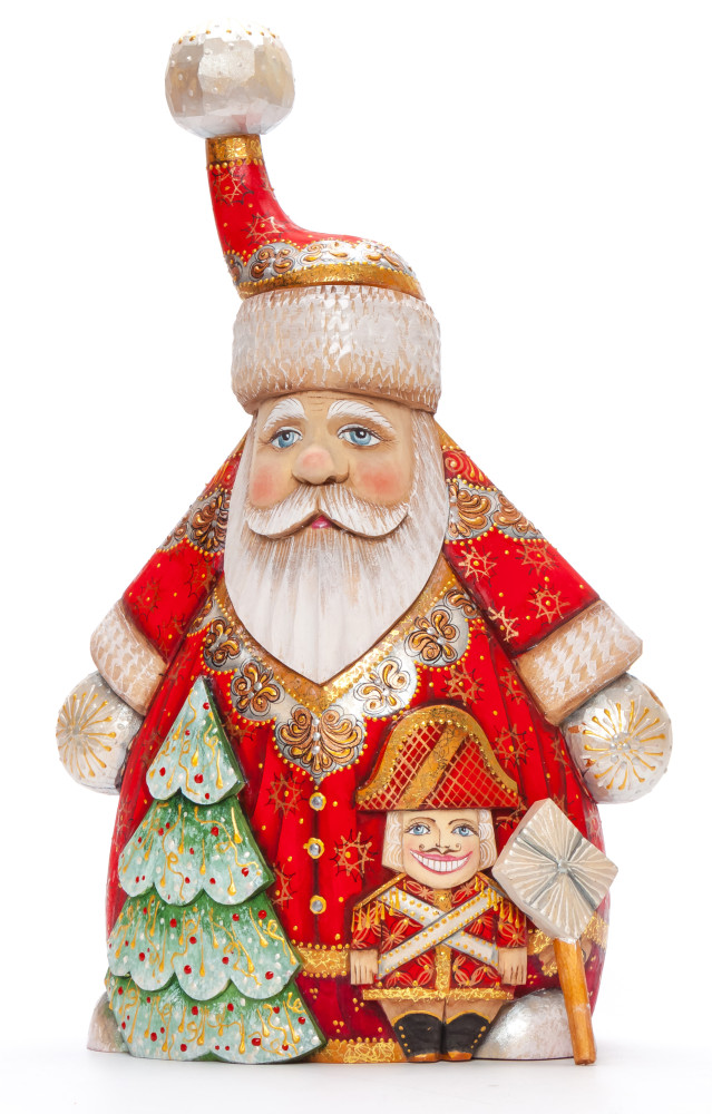 280 mm Santa with a Magic Staff and a Green Christmas Tree Carved Wood Hand Painted Collectible Figurine (by Igor Carved Wooden Figures Studio)