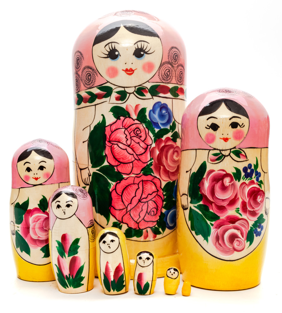 205 mm Pink Head Semenovskaya handpainted wooden Matryoshka Doll 8 pcs (by Ivan Studio)
