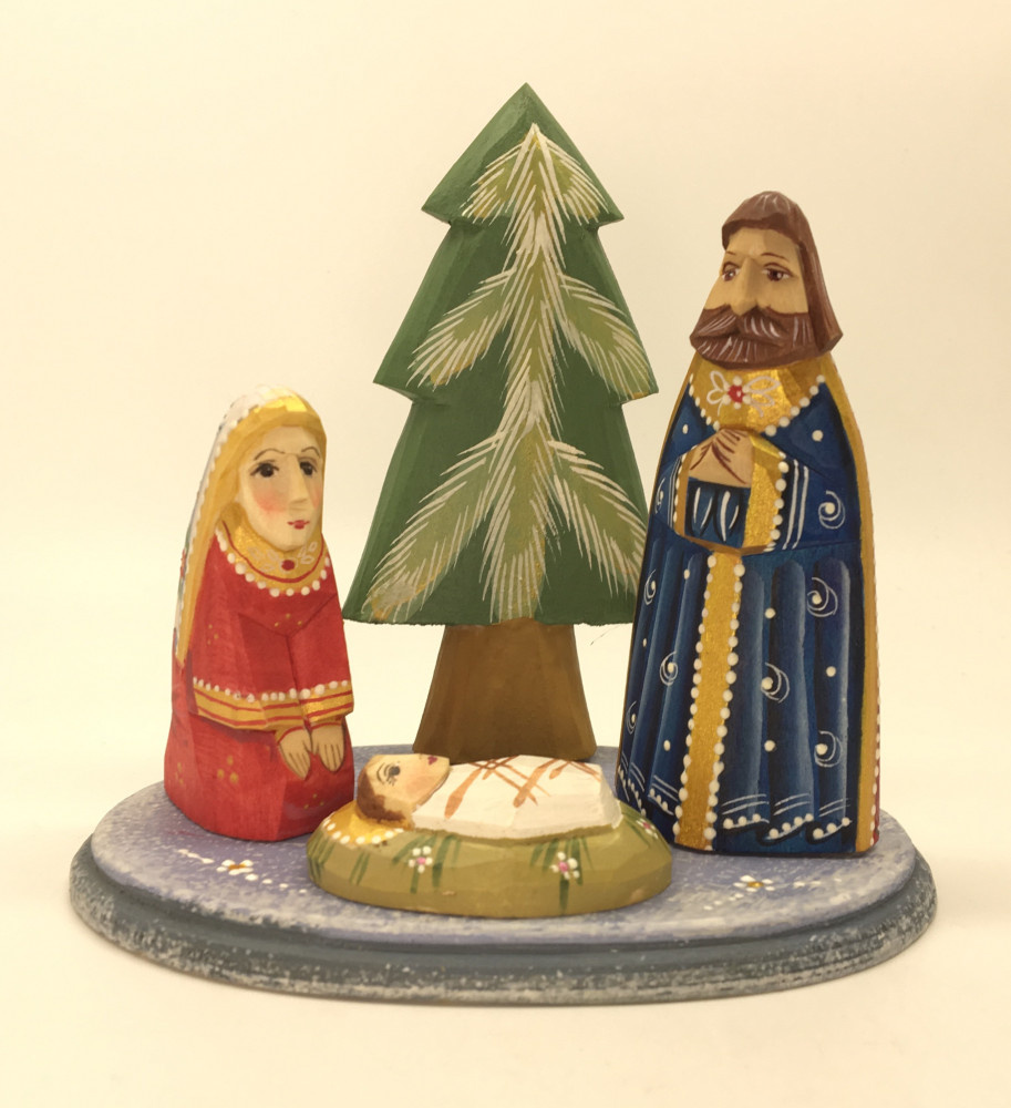 Nativity Set of 3 handpainted Carving Wooden Figures and Tree on oval basement Ludmila Christmas Gifts