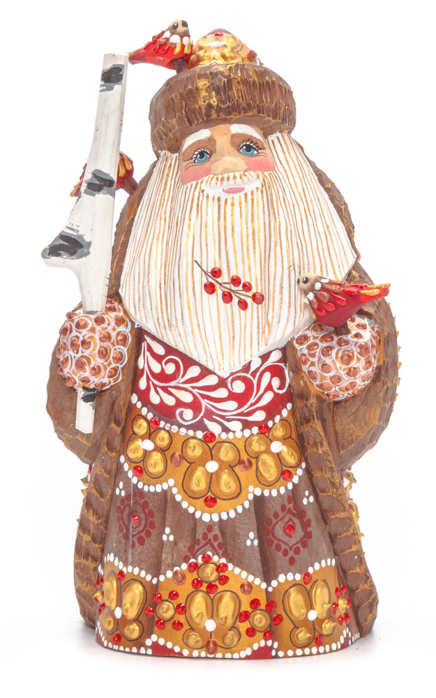 150 mm Santa with a Magic Staff and Birds Carved Wood Hand Painted Collectible Figurine (by Natalia Nikitina Workshop)