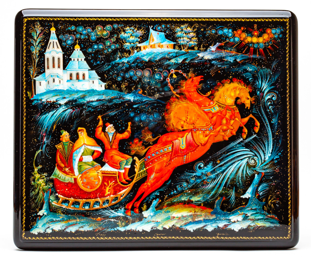 310x270mm Russian Troika hand painted lacquered box from Palekh (by Pavel Studio)