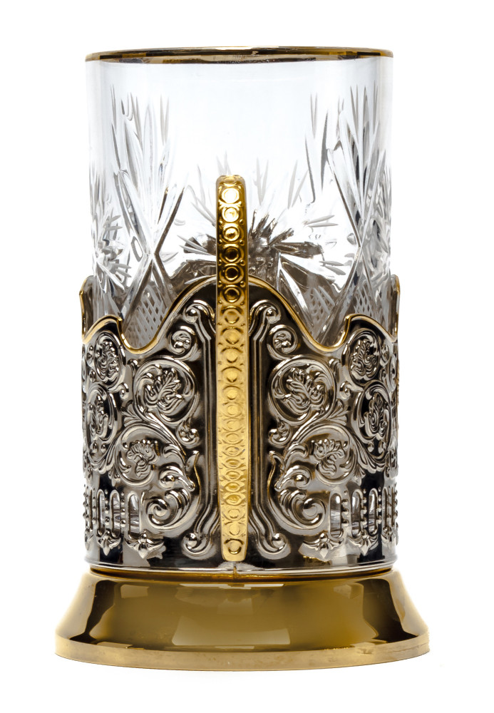 Coat of Arms Russia Gold Plated Brass Tea Glass Holder with Crystal Glass and Gold Plated Tea Spoon (by Kolchugino)
