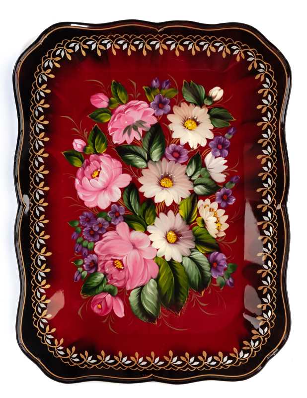250x330 mm Zhostovo Patterns hand painted and lacquered by Kudinov Metal Forged Tray (by Lada Crafts)