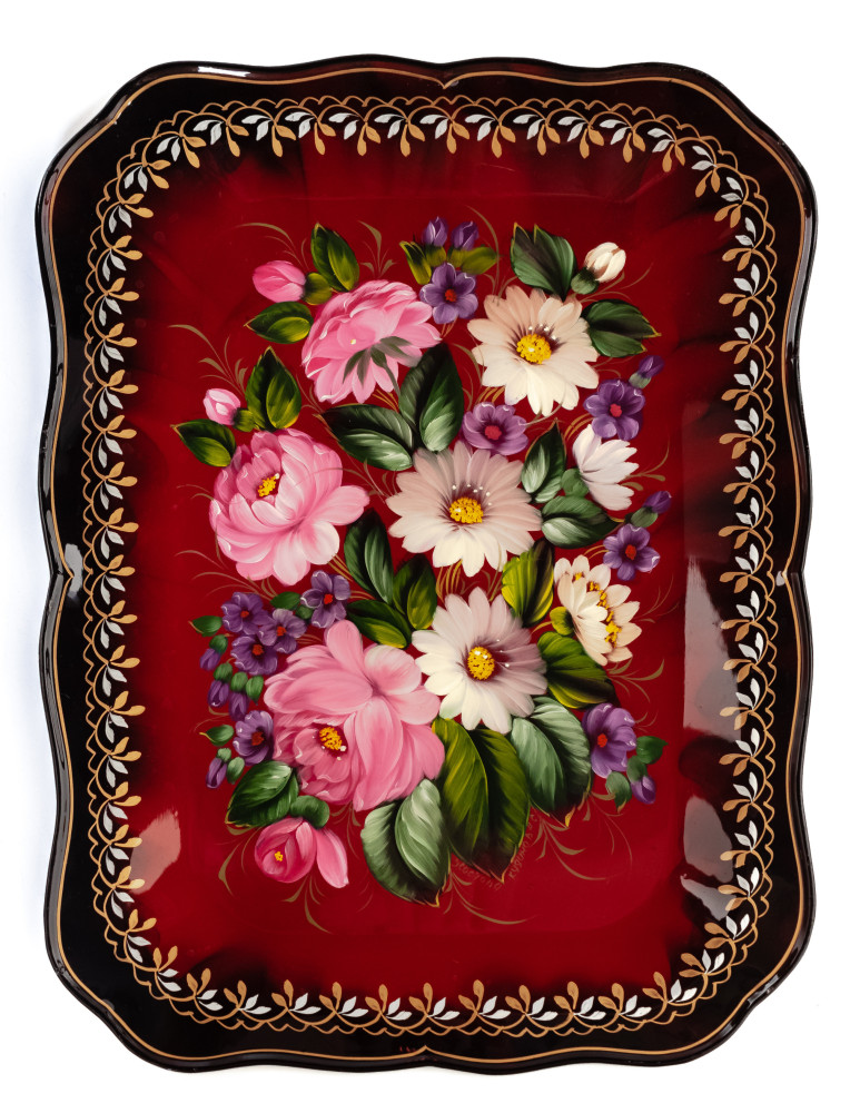 250x330 mm Zhostovo Patterns hand painted and lacquered by Kudinov Metal Forged Tray (by Lada Crafts)
