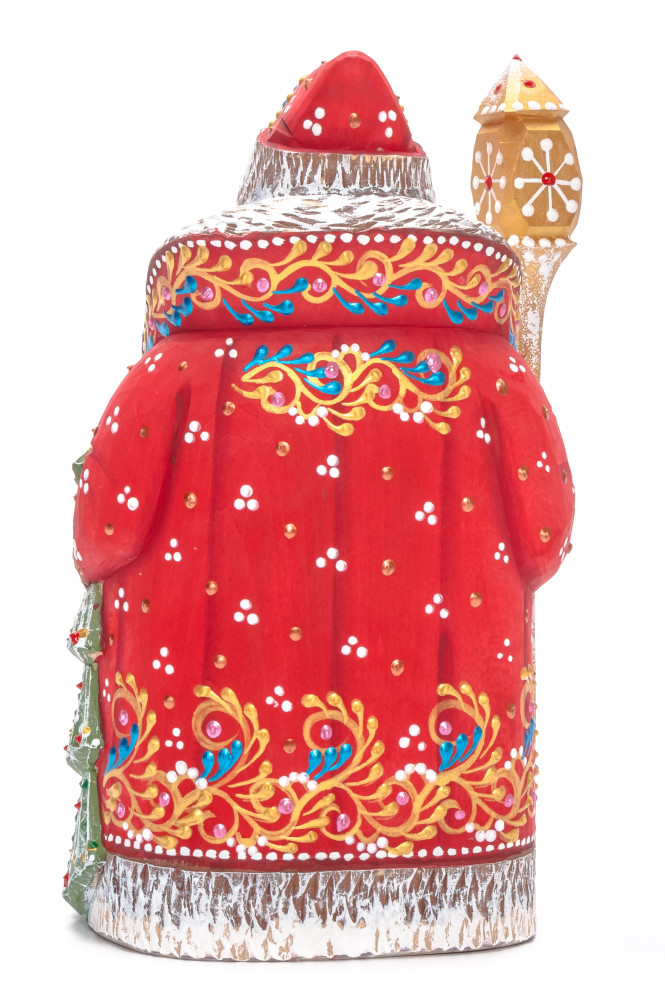 200 mm Santa with a Magic Staff and a Green Christmas Tree Carved Wood Hand Painted Collectible Figurine (by Natalia Nikitina Workshop)
