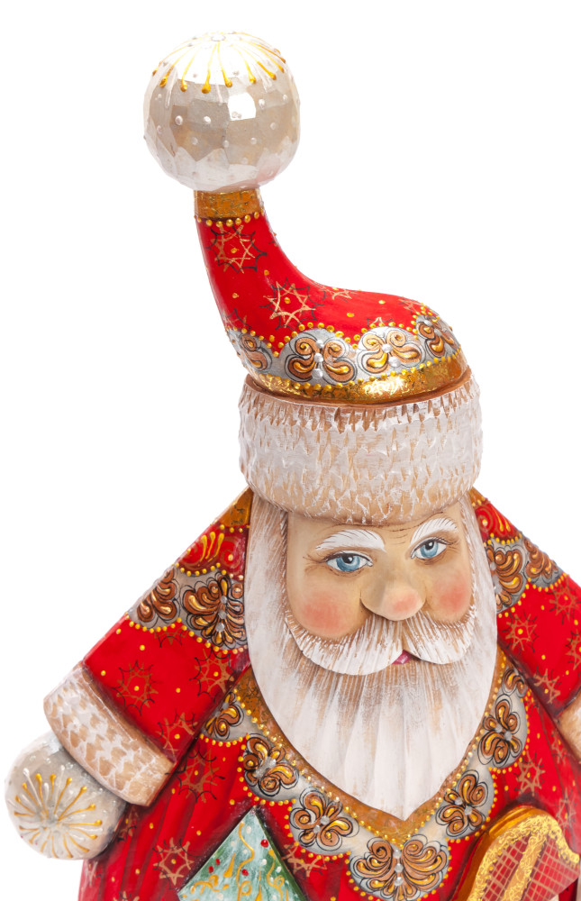 280 mm Santa with a Magic Staff and a Green Christmas Tree Carved Wood Hand Painted Collectible Figurine (by Igor Carved Wooden Figures Studio)