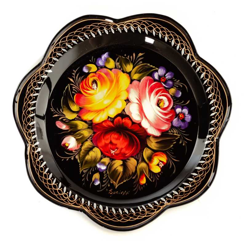 d 220 mm Zhostovo Patterns hand painted and lacquered by Blagova Metal Forged Black Tray (by Lada Crafts)