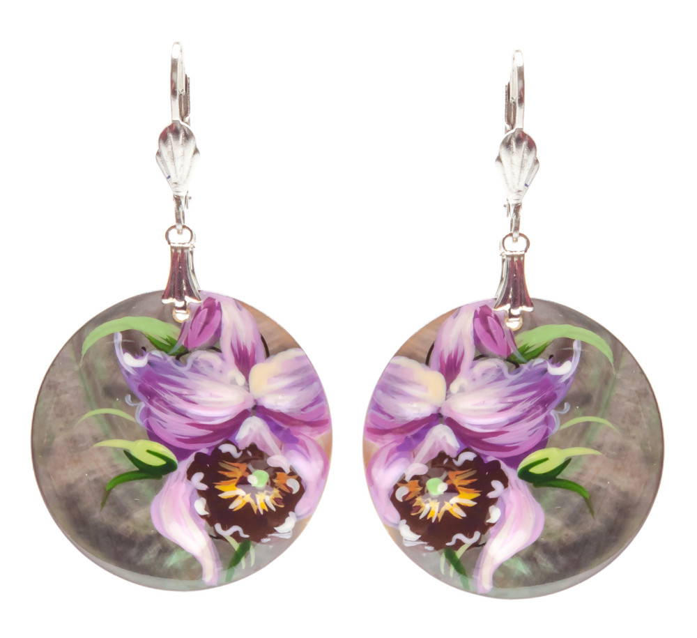 d30 mm Flower hand painted on Nacre Earrings (by Tatiana Shkatulka Crafts)