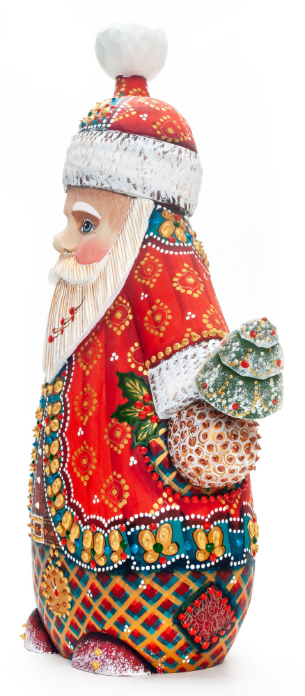 300 mm Santa Claus with a Green Christmas Tree Carved Wood Hand Painted Collectible Figurine  (by Natalia Nikitina Workshop)