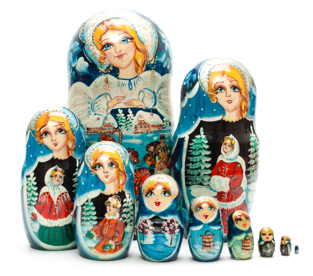 260 mm Russian Winter hand painted on Wooden Matryoshka doll 10 pcs (by Skazka)