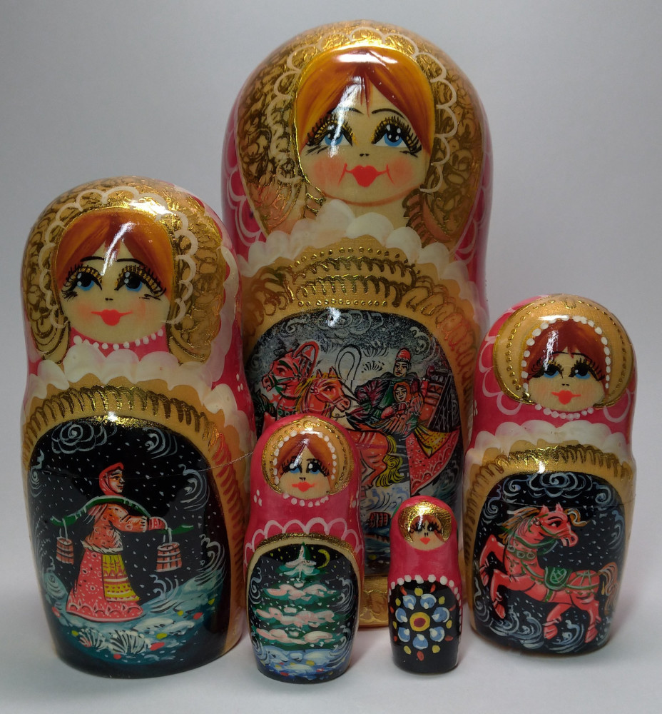 180 mm Russian Troika handpainted Wooden Matryoshka Doll 5 pcs (by Valery Crafts)