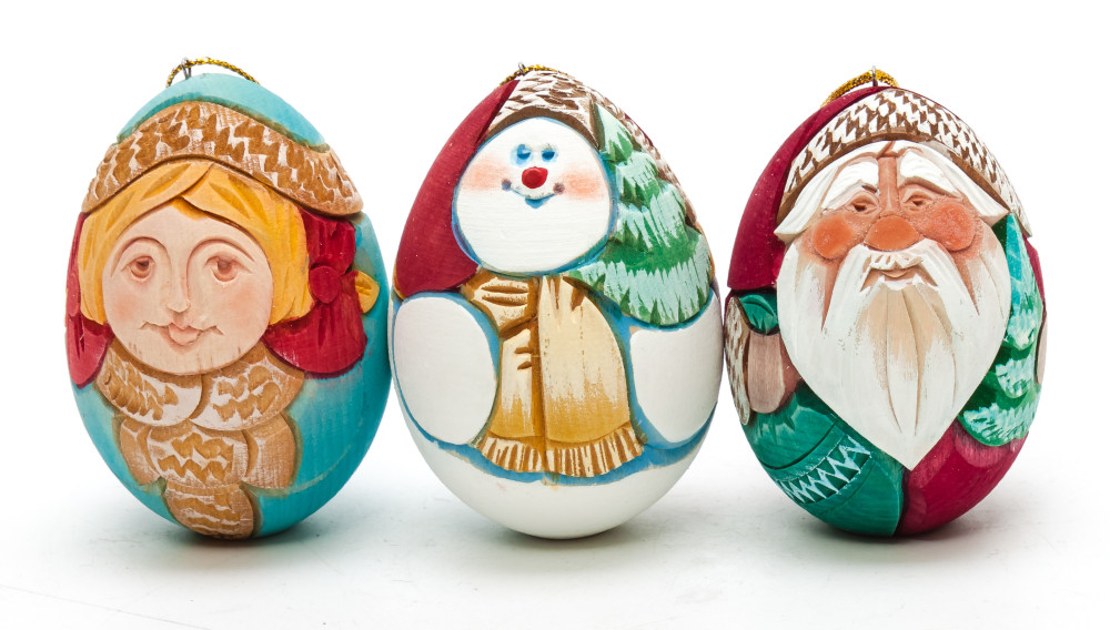 195x85 mm Santa Claus, Snowmaiden and Snowman hand Carved and Painted Christmas Tree Ornaments Set of 3 pcs in a Gift Box (by Sergey Carved Wooden Dolls Studio)