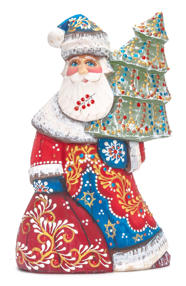 180 mm Santa with a Green Christmas Tree and a Bag Carved Wood Hand Painted Collectible Figurine (by Natalia Nikitina Workshop)