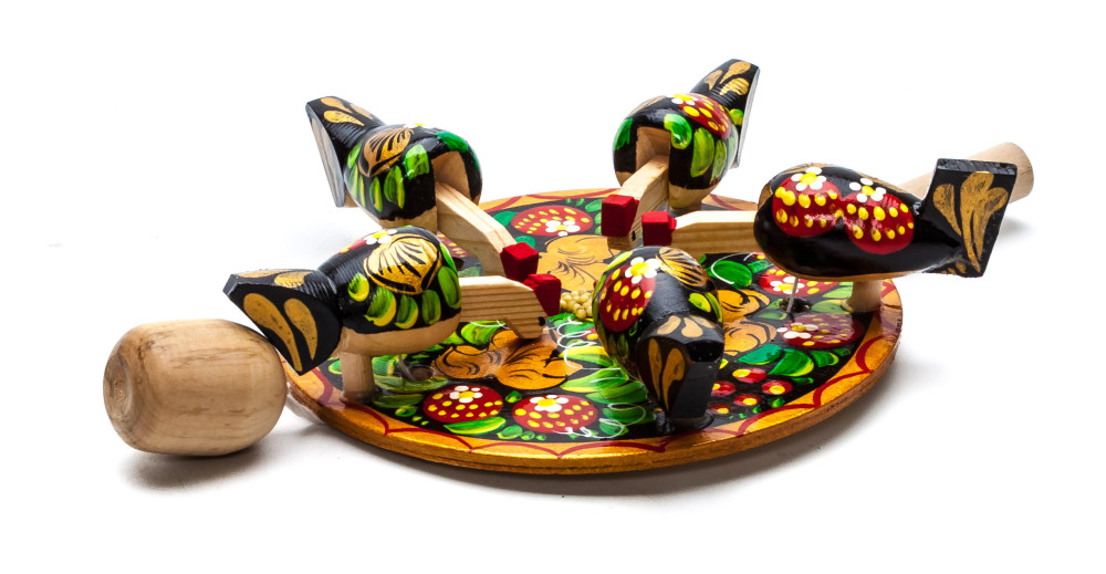 200x140 mm Pecking Chicken Hand Carved and Painted Russian Wooden Khokhloma Toy (by Bogorodskoe Studio)