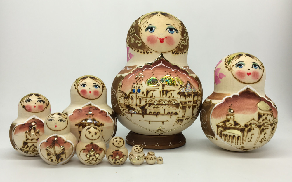 130 mm Moscow Kremlin hand painted wooden burnt Matryoshka doll 10 pcs (by Inna Eremina)