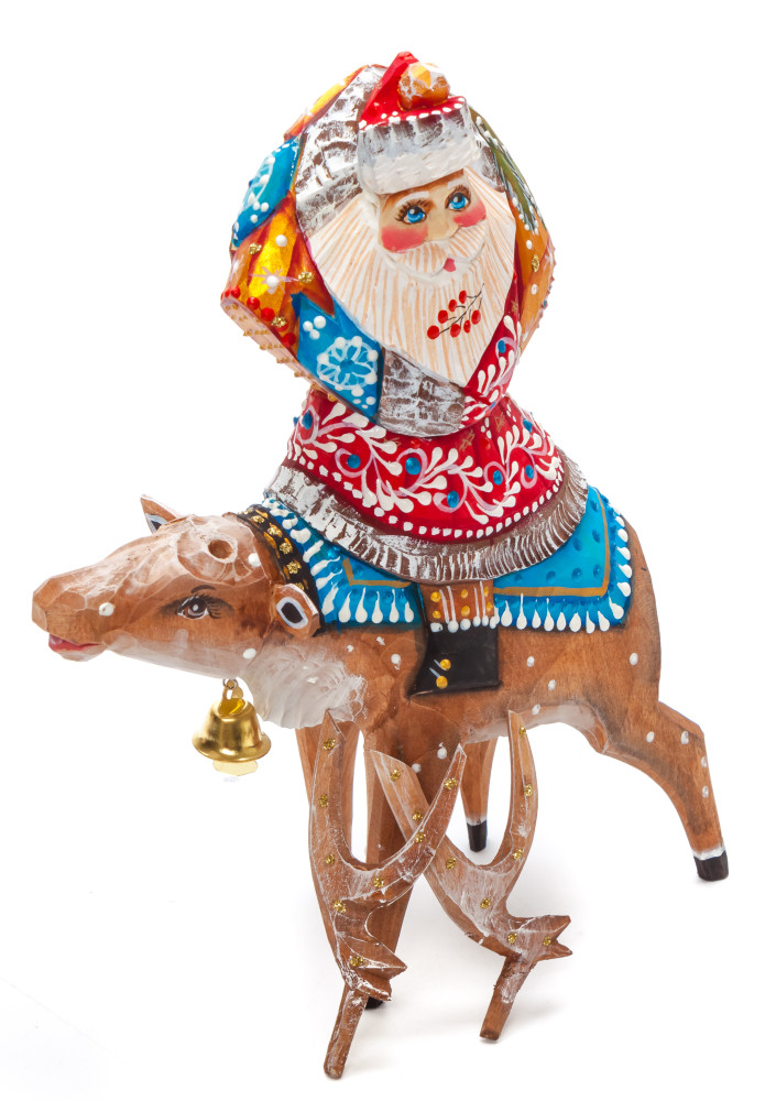 180 mm Santa with a Bag riding the Deer Carved Wood Hand Painted Collectible Figurine (by Natalia Nikitina Workshop)