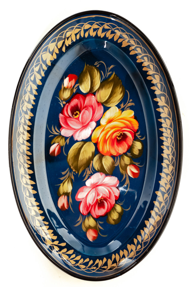 165x255 mm Zhostovo Patterns hand painted and lacquered Metal Forged Blue Tray (by Lada Crafts)