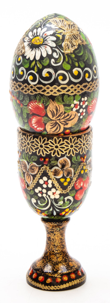 150 mm Khokhloma hand painted on red colored wooden Egg with standby (by Tatiana Crafts)