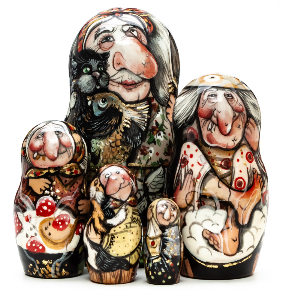 130 mm Baba-Yaga hand painted on wooden Matryoshka doll 5 pcs (by A Studio)
