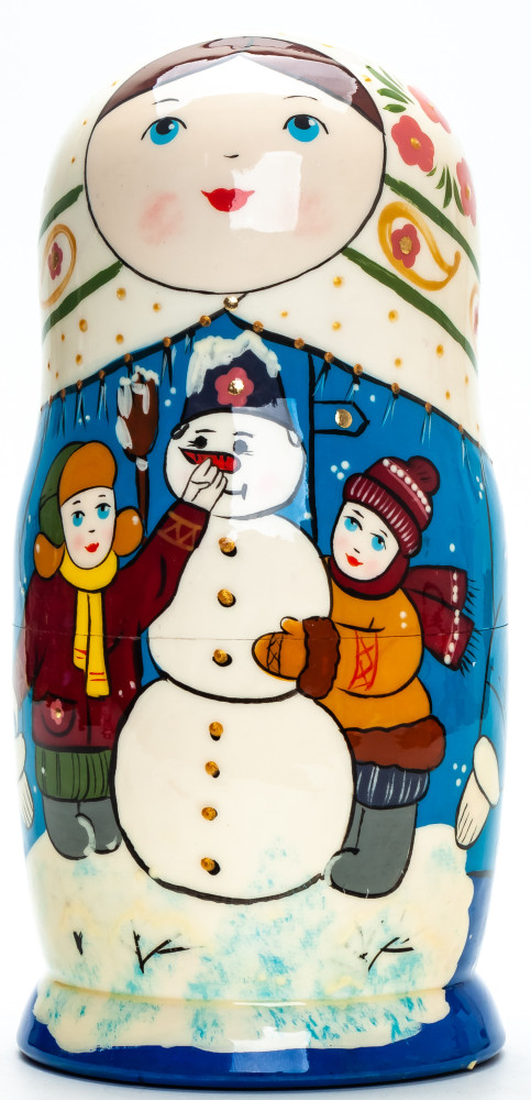 180mm Children making a Snowman hand painted Matryoshka round Doll 5pcs (by A Studio)