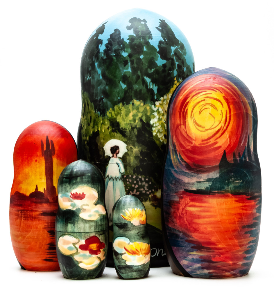 180 mm Woman in the Garden by Monet hand painted on wooden Matryoshka doll 5 pcs (by Alexander Famous Paintings Studio)