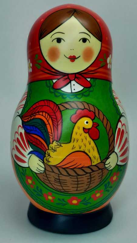 125 mm Mistress with Rooster hand painted Traditional Russian Wooden Matryoshka doll 5 pcs (by Igor Malyutin)