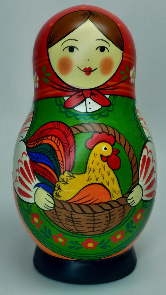 125 mm Mistress with Rooster hand painted Traditional Russian Wooden Matryoshka doll 5 pcs (by Igor Malyutin)