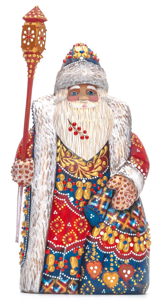 260 mm Santa with a Magic Staff and a Bag Carved Wood Hand Painted Collectible Figurine (by Natalia Nikitina Workshop)