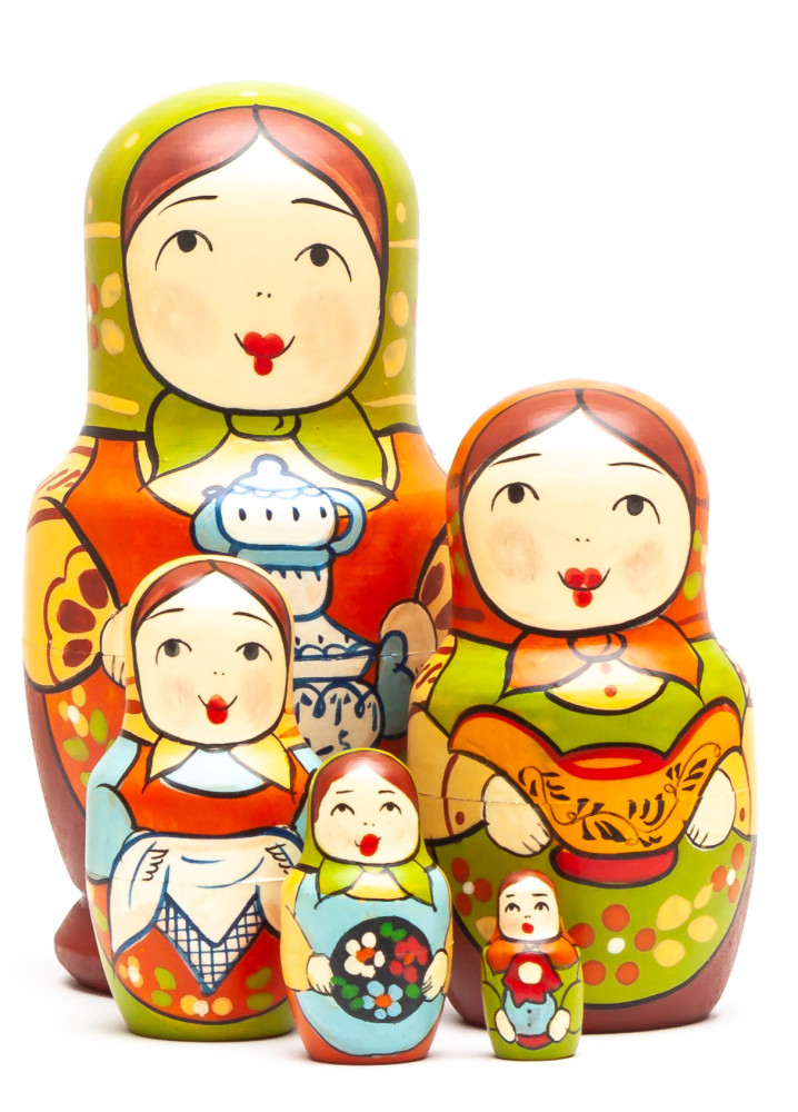 110mm Mistress with Ghzel Samovar hand painted Traditional Russian Wooden Matryoshka doll 5 pcs (by Igor Malyutin)