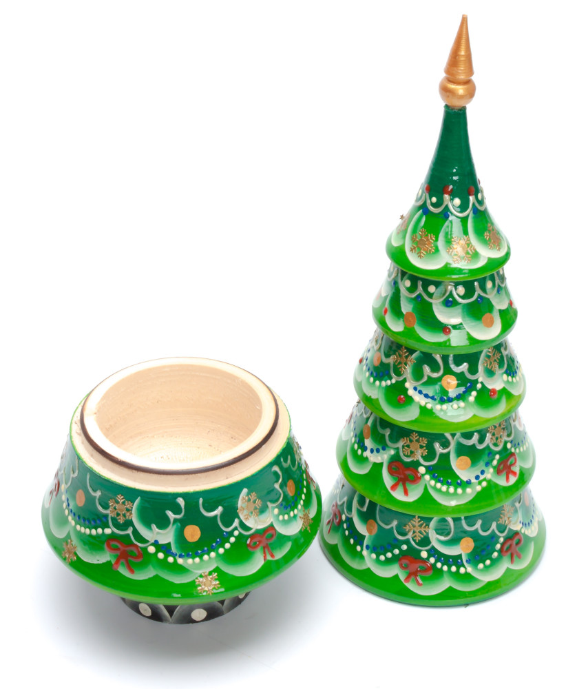 320 mm Christmas Wooden Green Tree with Hand Painted Garlands and Decorations