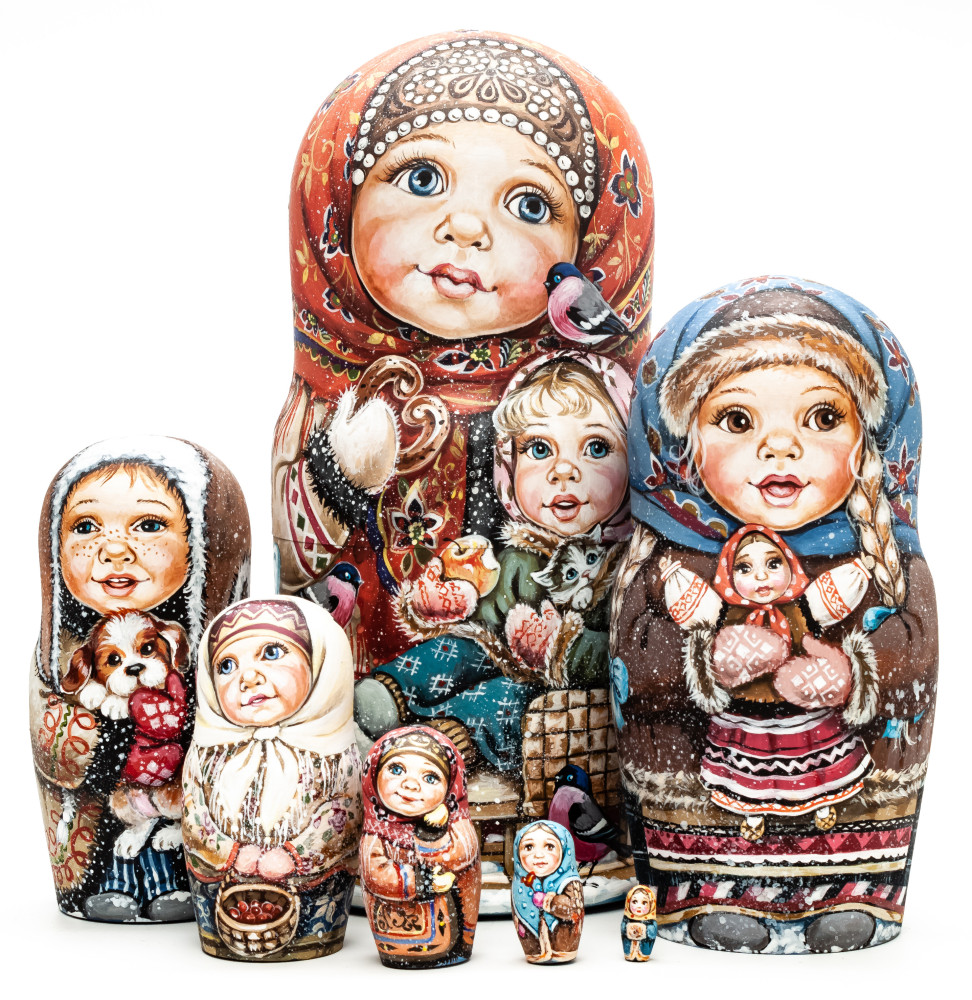210 mm Girls playing with Cats and Dogs miniature hand painted wooden Matryoshka doll 7 pcs (by Nadezda Karpova Studio)