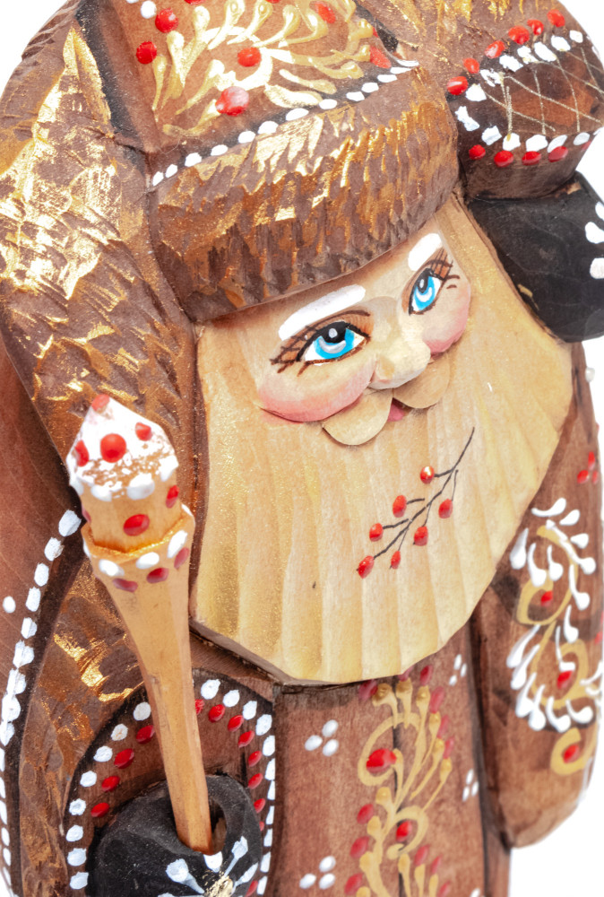 170 mm Santa with a Magic Staff and a Bag Carved Wood Hand Painted Collectible Figurine (by Natalia Nikitina Workshop)