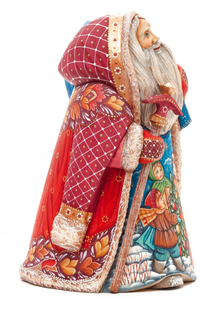 220 mm Santa with a Magic Staff and a Bag with hand painted Kids playing at the Green Christmas Tree Carved Wood Collectible Figurine (by Sergey Christmas Workshop)