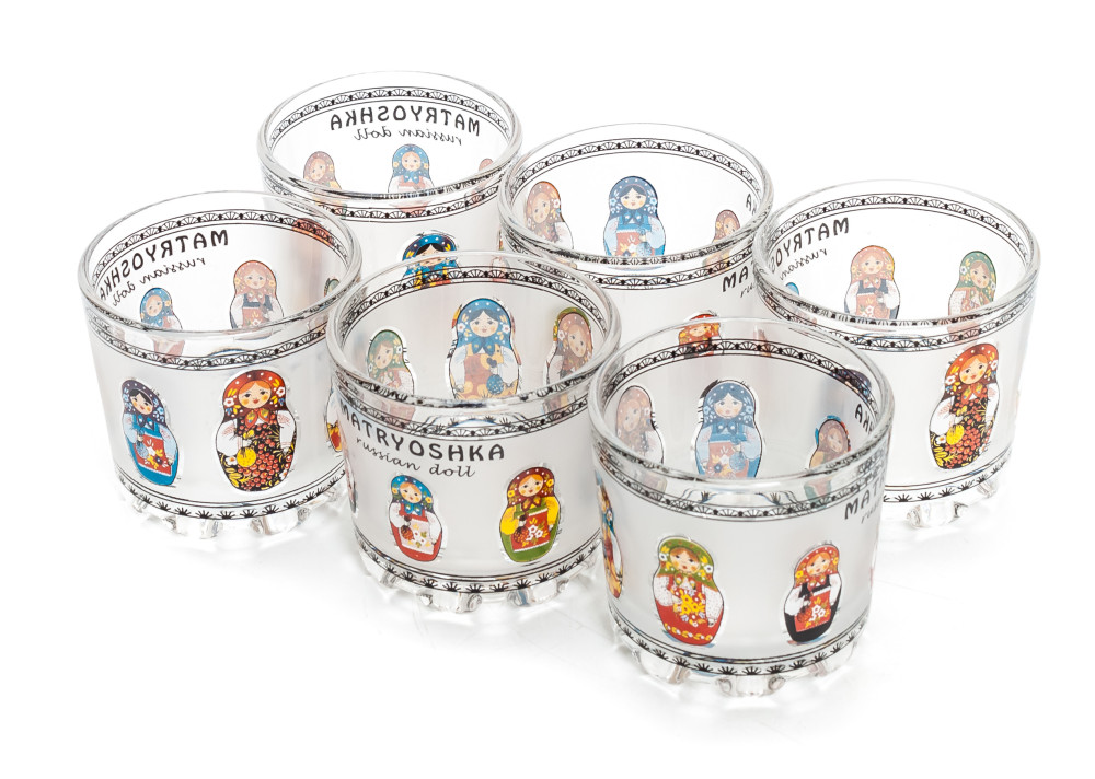 50 ml Russian Matryoshka Decal Faceted Shot Glass set of 6 pcs (by AKM Gifts)